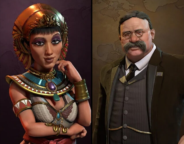 Three panels illustrating historical figures in a video game.